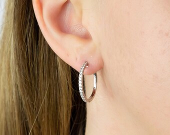 Classic Sterling Silver Cz Hoop Earrings