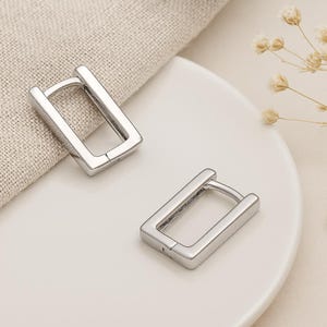 Rectangle Huggie Hoop Earrings • Sterling Silver Hinged Hoops • 15mm Geometric Everyday Studs • Modern Gift for Her •