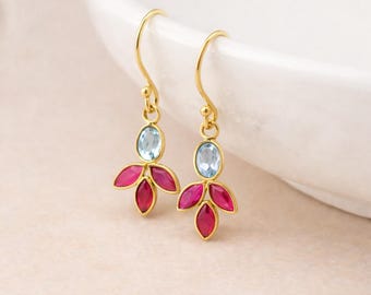 Molten Gold Plated Sterling Silver Blue Topaz and Pink Quartz Drop Earrings