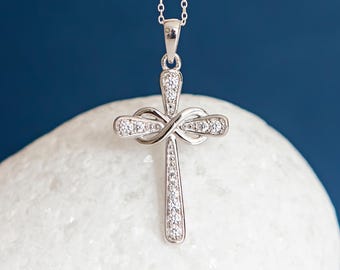 Sterling Silver Infinity Cross Pendant: Cubic Zirconia Religious Necklace
