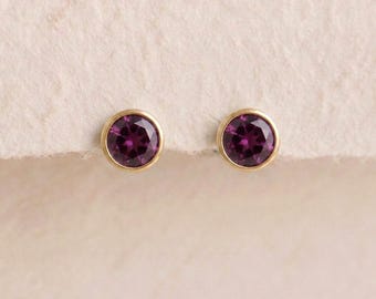 February Amethyst Birthstone Stud Earrings in Gold Plated Sterling Silver