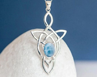 Genuine Larimar Celtic Knot Necklace in Sterling Silver, Motherhood Knot, Dominion Republic, Ocean Larimar