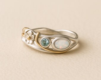 Molten Sterling Silver Blue Topaz and White Opal Flower Ring