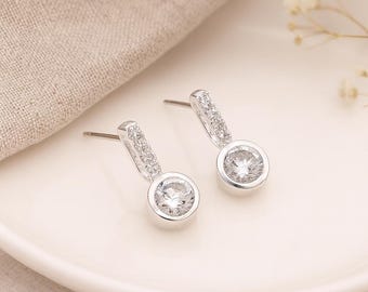 CZ Drop Stud Earrings • Sterling Silver Sparkly Dangle Studs • Gift for Her • Dainty Cubic Zirconia Jewellery • Everyday Elegant Earrings •