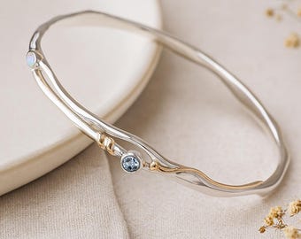 Molten Sterling Silver White Opal And Blue Topaz Bangle
