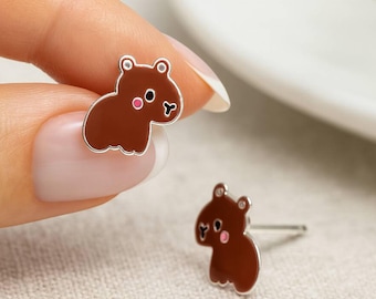 Sterling Silver Capybara Stud Earrings: Enamel Animal Jewellery, 10mm X 8mm