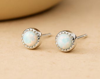 Sterling Silver White Opal Textured Stud Earrings