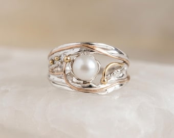 Freshwater Pearl Ring in Molten Sterling Silver and Gold