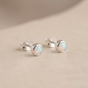 Personalised Tiny White Opal Stud Earrings in Sterling Silver