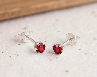 Tiny Ruby Stud Earrings in Sterling Silver