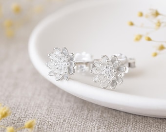 Sterling Silver November Birth Flower Chrysanthemum Stud Earrings