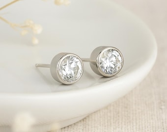 April Birthstone Stud Earrings • Round Sterling Silver CZ Studs • Dainty Gift for Her • Minimal Sparkle • Diamond Alternative •