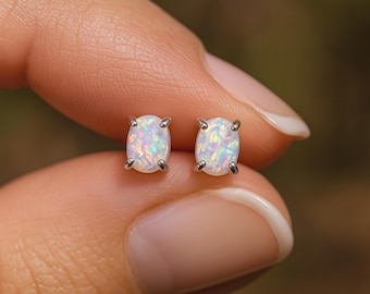 Sterling Silver White Opal Claw Stud Earrings