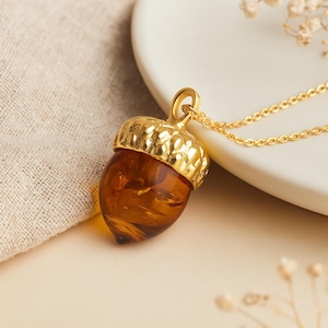 Amber Acorn Pendant: 24k Gold-Plated Sterling Silver Woodland Charm