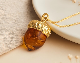 Amber Acorn Pendant • Baltic Amber & Gold-Plated Sterling Silver • Personalised Woodland Charm Necklace • Autumn Nature Gift Jewellery