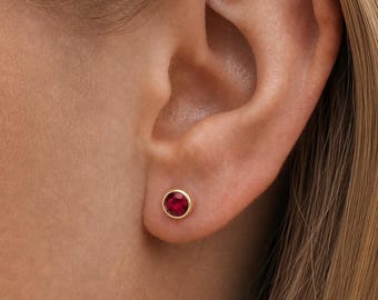 Gold Plated Sterling Silver July Ruby Birthstone Stud Earrings