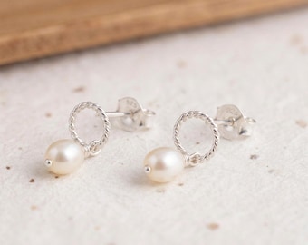 Freshwater Pearl Karma Circle Stud Drop Earrings In Sterling Silver