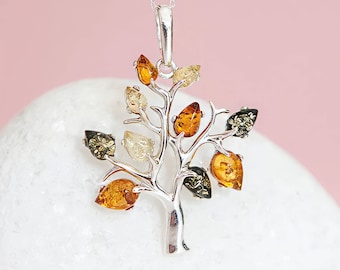 Personalised Sterling Silver Amber Tree of Life Necklace, Genuine Baltic Amber Pendant, 40x29mm