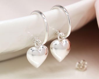 Sterling Silver Half Hoop Earrings With Heart Charm
