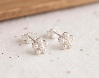 Freshwater Pearl Daisy Cluster Stud Earrings In Sterling Silver