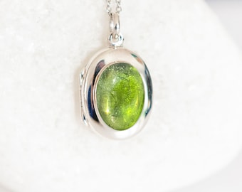 Personalised Genuine Peridot Locket in Sterling Silver, Two Photo Locket, Engraved Silver Locket, Keepsake Memorial Jewellery Necklace