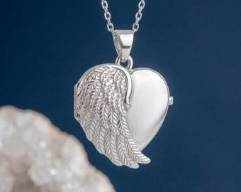Personalised Angel Wing Heart Photo Locket Necklace in Sterling Silver