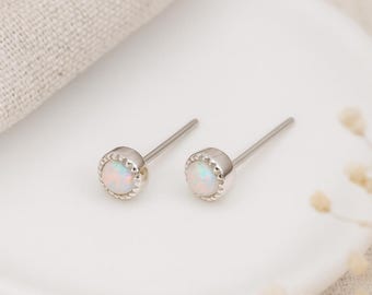 White Opal Stud Earrings • Sterling Silver October Birthstone • Dainty Milgrain Studs • Minimal Jewellery • Gift for Her •