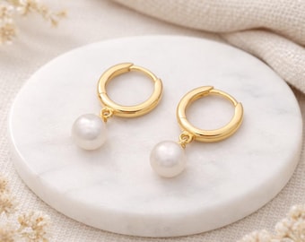 Gold Plated Sterling Silver Freshwater Pearl Huggie Hoop Earrings – 7mm Pearls