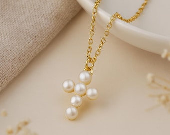 Pearl Cross Necklace • Freshwater Pearls on 14ct Gold Plated Silver • Personalised • Mini Faith Gift for Her • Baptism Jewellery