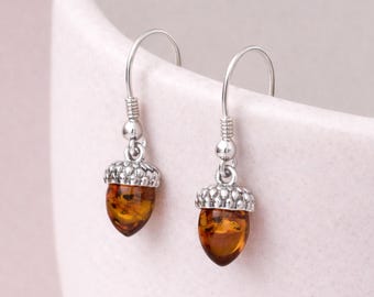 Small Sterling Silver Baltic Amber Acorn Drop Earrings – 7mm