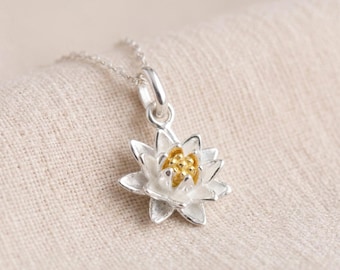 Personalised July Lotus Water Lily Birth Flower Pendant Necklace In Sterling Silver And Gold