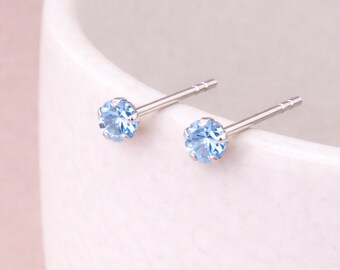 Sterling Silver March Aquamarine Birthstone Micro Stud Earrings – 4mm