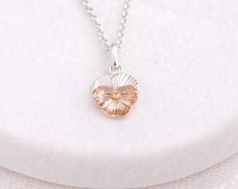 Violet Flower Pendant: Sterling Silver & Rose Gold February Birthstone