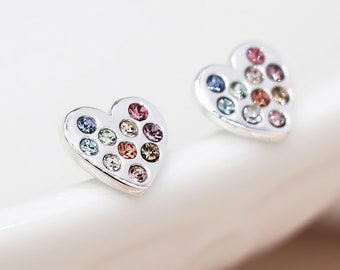 Sterling Silver Rainbow Heart Stud Earrings