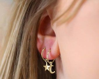 18ct Gold Plated Mismatched Moon And Star Hoop Earrings