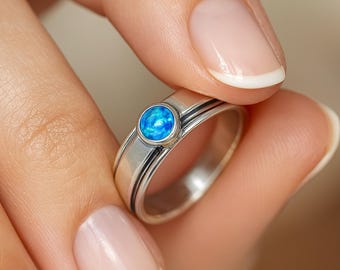 Personalised Sterling Silver Slim Blue Opal Spinner Ring