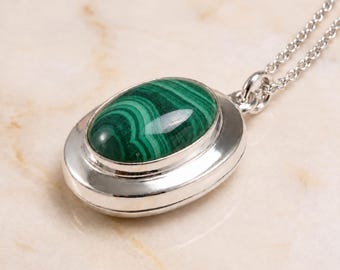 Personalised Malachite Photo Locket Necklace in Sterling Silver