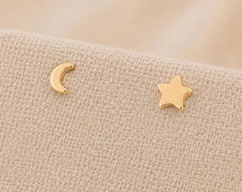 5mm Gold Plated Sterling Silver Mismatched Moon and Star Stud Earrings