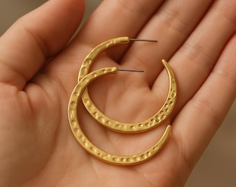 Large Gold Plated Hammered Hoop Earrings