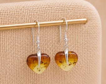 Sterling Silver Baltic Amber Ombre Heart Drop Earrings