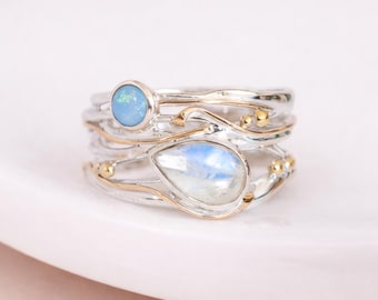 Molten Sterling Silver Rainbow Moonstone and Opal Wide Ring