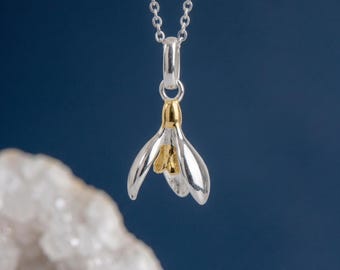 Personalised January Snowdrop Birth Flower Pendant Necklace In Sterling Silver And Gold