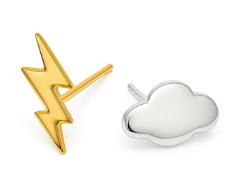Mismatched Sterling Silver And Gold Lightning And Cloud Stud Earrings – 10mm X 6mm
