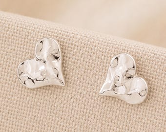 12mm Sterling Silver Plated Hammered Heart Stud Earrings