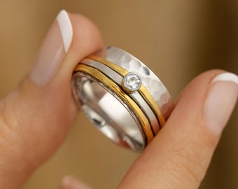 Wide Sterling Silver Cubic Zirconia Spinner Ring