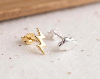 Mismatched Lightning And Cloud Stud Earrings in Sterling Silver and Gold