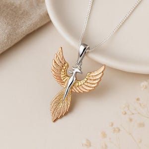 Phoenix Rising Pendant • Sterling Silver with Rose & Yellow Gold Plating • Rebirth and Strength Symbol • Mythical Bird Jewellery