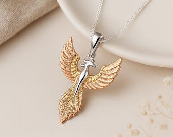 Phoenix Rising Pendant • Sterling Silver with Rose & Yellow Gold Plating • Rebirth and Strength Symbol • Mythical Bird Jewellery
