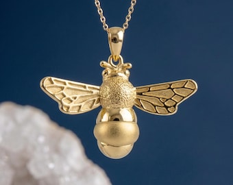 Personalised Solid Bumble Bee Pendant Necklace in Gold Plated Sterling Silver