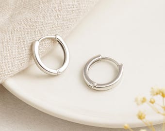 Flat Huggie Hoop Earrings • Sterling Silver Hinged Hoops • 11mm Geometric Everyday Studs • Modern Gift for Her •